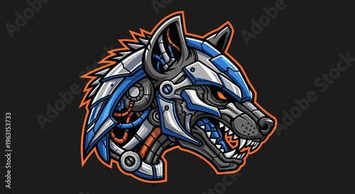 Robotic Cyber Wolf Head Mascot Logo, Futuristic Mechanical Animal Predator Illustration with Gears and Metallic Armor
