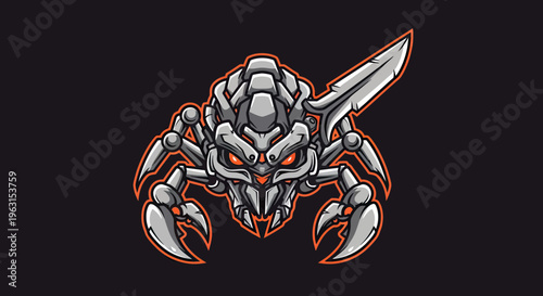 Mecha Crab Robot Mascot Illustration with Sharp Claws and Metallic Armor for Esport Gaming Logo