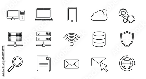 Technology icons depicting devices networks and data a silhouette