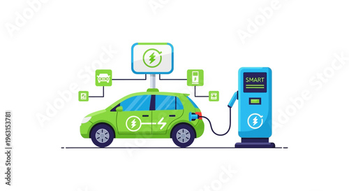 Green car charging at station.