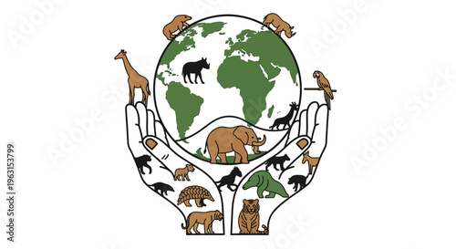 Hands holding animals and earth globe.
