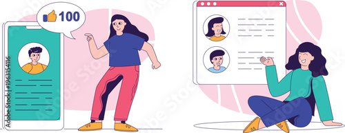 Two women celebrating positive feedback and group messages on their mobile devices with joyful expressions and gestures