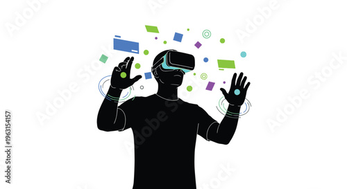 Man wearing virtual reality headset with colorful shapes around him in vector graphic illustration design