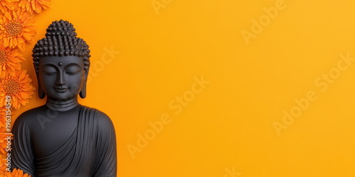 Peaceful Black Buddha Statue With Orange Flowers on Vibrant Yellow Background copy space