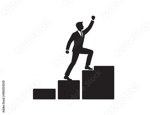 Business growth success silhouette, man climbing steps to achieve goal, career progress and achievement concept