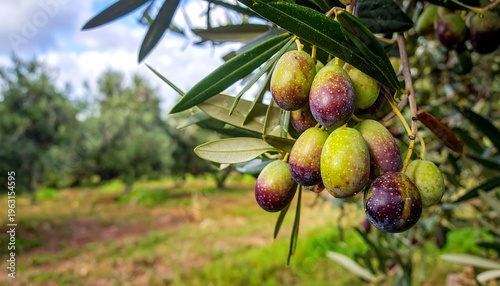 Close-up of ripe olives on a branch in an olive grove.