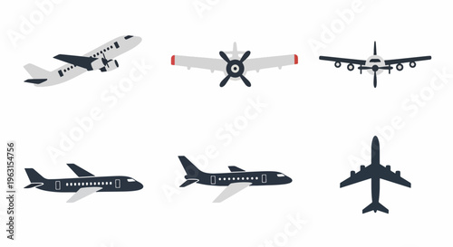 Airplane silhouettes in various flying positions and styles