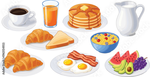 Breakfast Food and Drink Icon Set Featuring Pancakes Croissants Eggs Bacon Toast Coffee Juice Milk and Fresh Fruits Vector Collection
