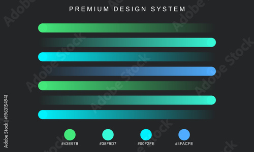 Premium design system with neon green and blue color palette, modern UI kit elements with hex codes and progress bars, futuristic dashboard interface components for web development