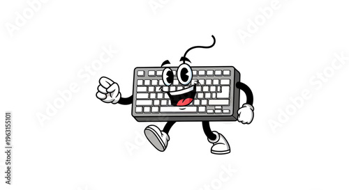 Retro 1930s Rubber Hose Style Computer Keyboard Cartoon Mascot Character Walking