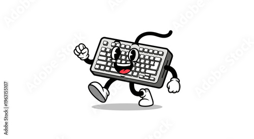 Retro Vintage Rubber Hose Cartoon Computer Keyboard Character Walking Happily
