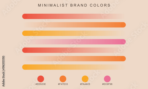 Minimalist brand colors palette with hex codes, warm sunset color swatches for corporate identity, professional branding guide vector with orange and pink gradient bars and circles