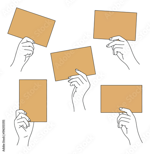 Five hands holding blank brown cards in various orientations