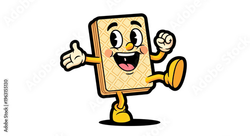 Vintage Style Cartoon Character of a Happy Wafer Biscuit Walking and Cheering, 1930s Retro Animation Illustration Isolated on White Background