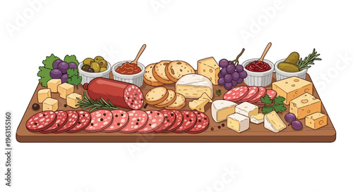 Illustration of an abundant charcuterie board with cured meats, assorted cheeses, breads, fruits, and condiments on a wooden platter against a clean white background.