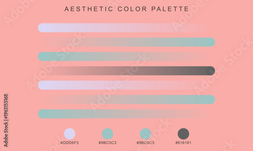 Aesthetic color palette with pastel swatches and hex codes, minimalist design guide for branding and web development, soft pink background with teal and lavender gradient elements