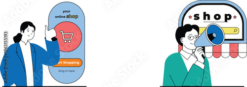 Two individuals promoting their online store and advertising products through a megaphone and digital interface