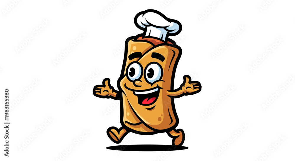 Naklejka premium Happy Cartoon Egg Roll Mascot Wearing a Chef Hat, Cute Spring Roll Character Vector Illustration Isolated on White Background