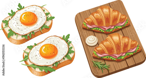 Breakfast Sandwich and Croissant Meal Set Featuring Fried Egg Toast and Ham Cheese Croissants on Wooden Board Food Vector Collection