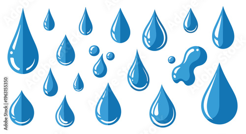 Blue water droplets falling in various sizes and shapes
