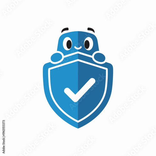 Blue shield with smiling robot face.