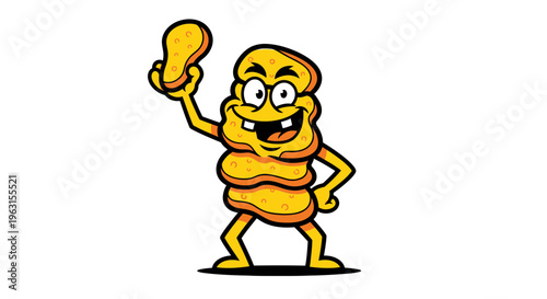Funny Cartoon Chicken Nugget Mascot Character Smiling and Holding a Piece of Fried Chicken, Vector Illustration