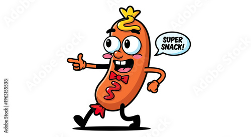 Cheerful Cartoon Sausage Character Mascot with Bow Tie and Speech Bubble, Vector Illustration