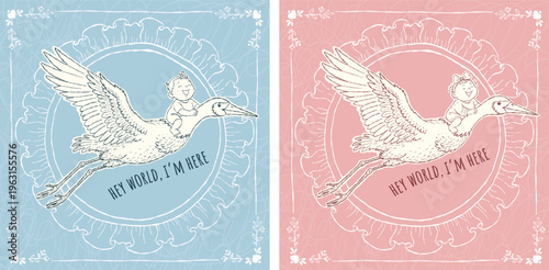 A  stork carrying a baby, symbolizing newborn arrival  in a soft hand-drawn vintage style with pastel blue and pink backgrounds for baby announcements, greeting cards, nursery decor, gender party