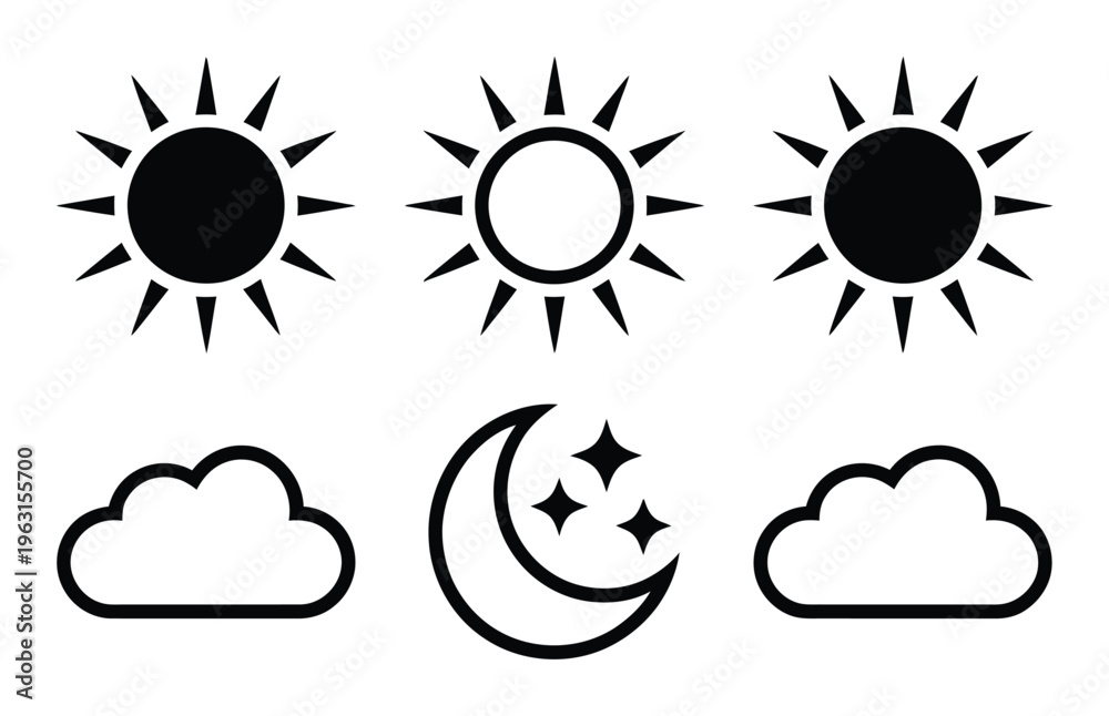 Fototapeta premium Simple of Sun, Moon, Stars, and Clouds for Weather and Time