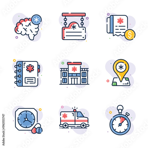 Set of outline design icons representing healthcare services and medical symbols for digital and print use.