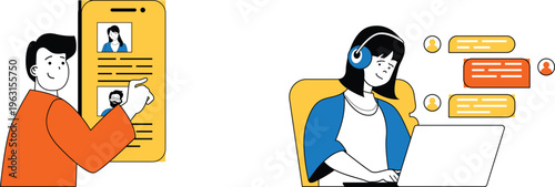 Two individuals engaging in video call and messaging interactions through digital devices for communication purposes