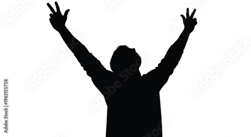 Silhouette of a person making peace signs with both hands raised in victory