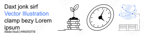 Business success, time tracking, agriculture, eco sustainability, global logistics, productivity planning. Stack of coins with plant, clock globe outline. Economic growth and time tracking concept