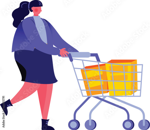 A person pushing a shopping cart filled with colorful items in a casual and lively manner