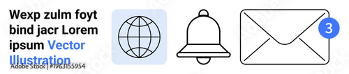 Digital communication, notifications, global connectivity, email services, online alerts, information exchange. Globe, bell and email icon with notification badge. Communication and notifications