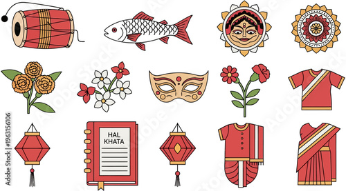 Bengali New Year Poila Baisakh Line Icon Set with Traditional Cultural Elements Outline Style