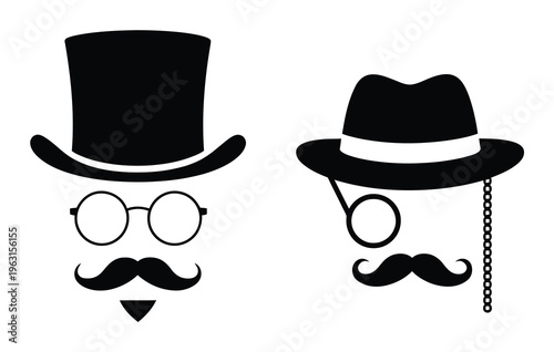 Vintage Gentleman Silhouettes: Hat and Fedora with Monocle