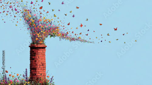 Conceptual Artwork of a Brick Chimney Releasing Flowers, Butterflies, and Greenery into the Sky