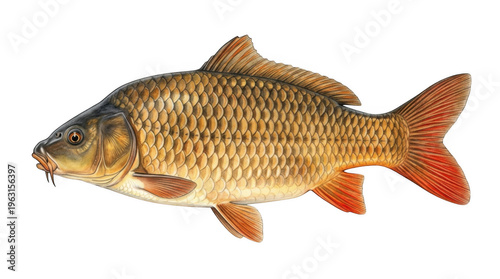common carp fish with hook, golden scales and red fins
