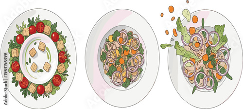 Healthy Salad Bowl Collection Featuring Fresh Vegetable Mix with Tomatoes Croutons Onion Rings and Greens Top View Food Vector Set