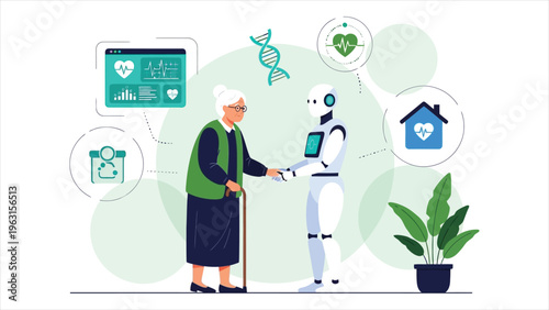 Future of Senior Care Illustration Robot Assistant and Smart Home Healthcare with AI, Personalized Medicine, and Remote Monitoring for Elderly Well-Being.