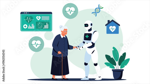 Future of Senior Care Illustration Robot Assistant and Smart Home Healthcare with AI, Personalized Medicine, and Remote Monitoring for Elderly Well-Being.