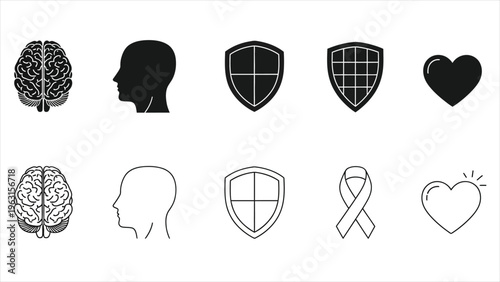 Mental Health & Brain Awareness Symbol Set Icons Representing Well-Being, Cognitive Health, and Emotional Support