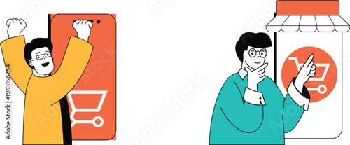 Joyful shopper celebrating online purchase while woman contemplates virtual storefront with cart icon