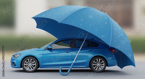 Blue car with open umbrella in rain illustrating insurance and protection concept
