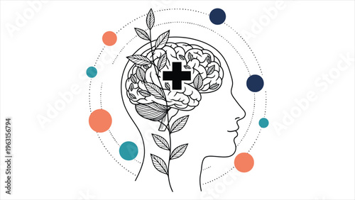 Mental Wellness Illustration Human Head Silhouette with Brain Shaped Like a Blooming Leaf Plant and Cross Symbol