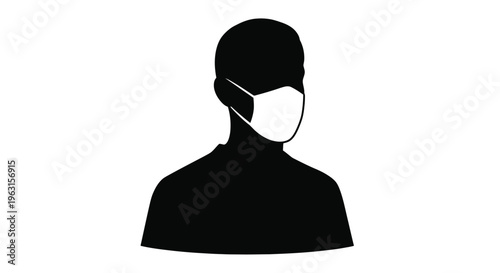 Vector graphic illustration of a person wearing a medical face mask in black and white design