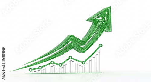 3D green upward growth arrow rising over financial bar chart for business success and economic improvement