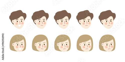 Man and woman character head portrait set. Communication, feeling, emotion, mood, reaction, facial expression concepts. Happy, sad, angry, surprised faces. Flat vector design isolated illustration.