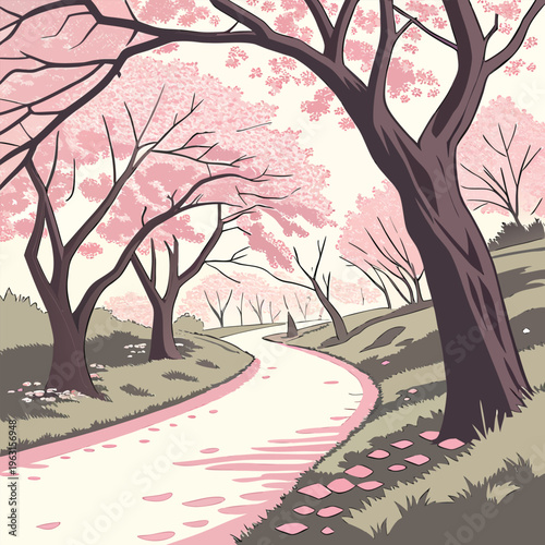Spring Road with Blooming Cherry Blossom Trees